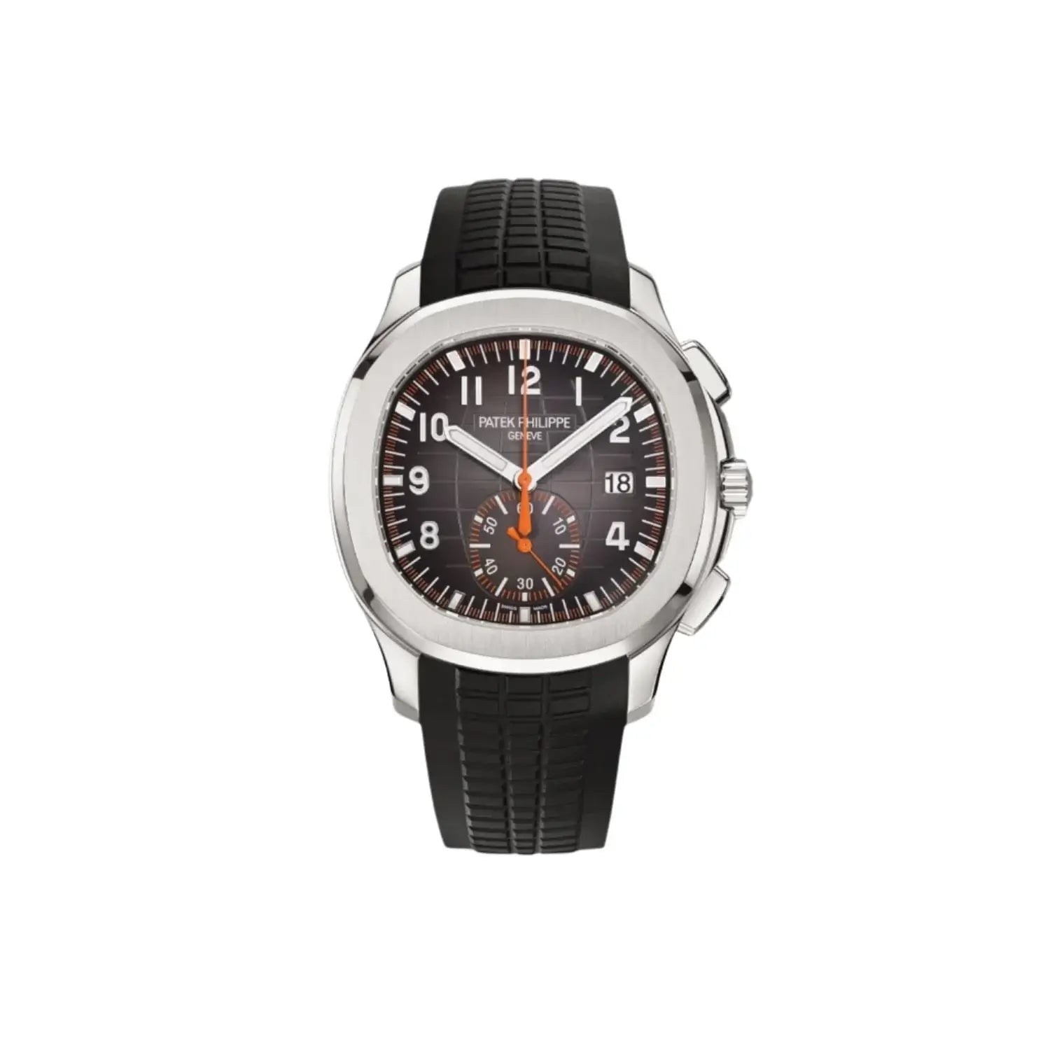 Patek Philippe watch with black strap and brown dial on a white background