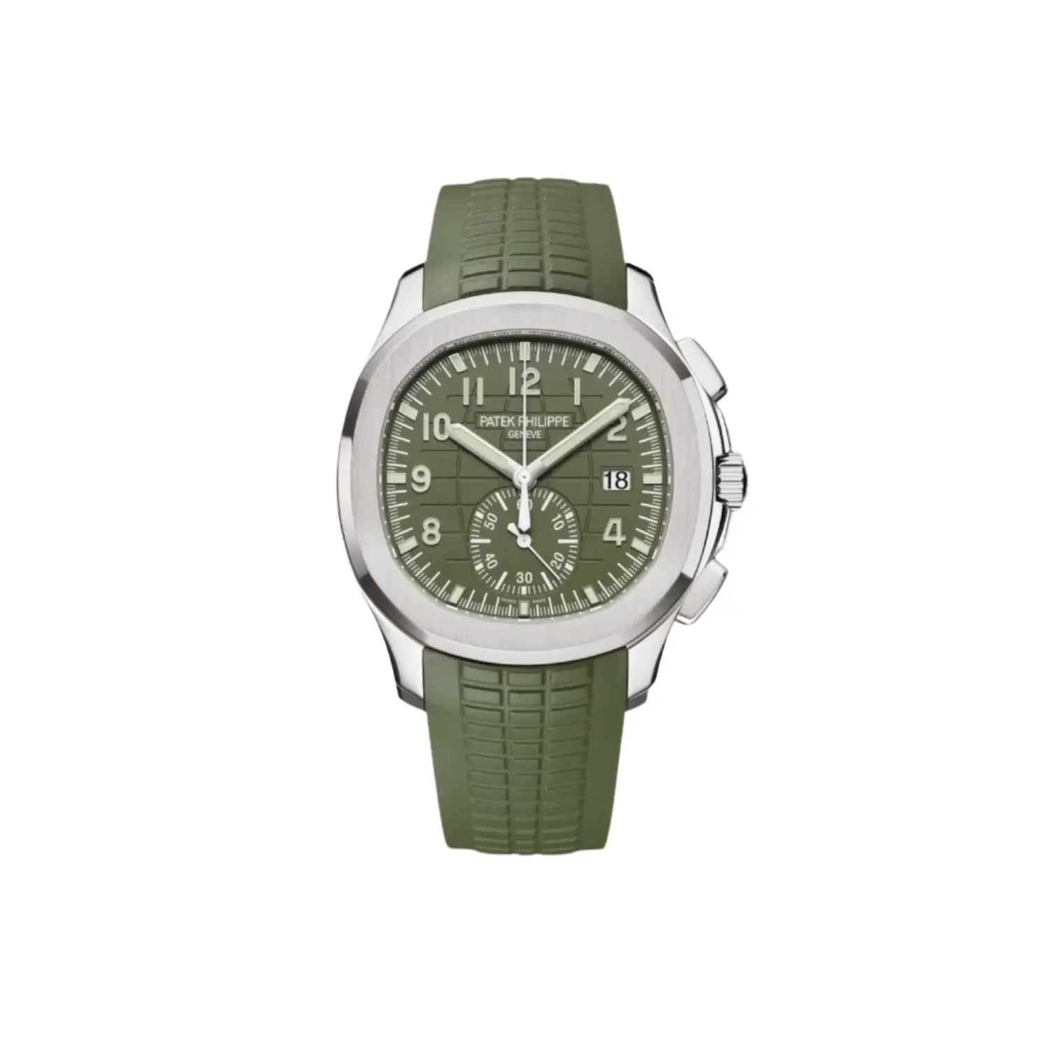 Green watch with silver case on a white background