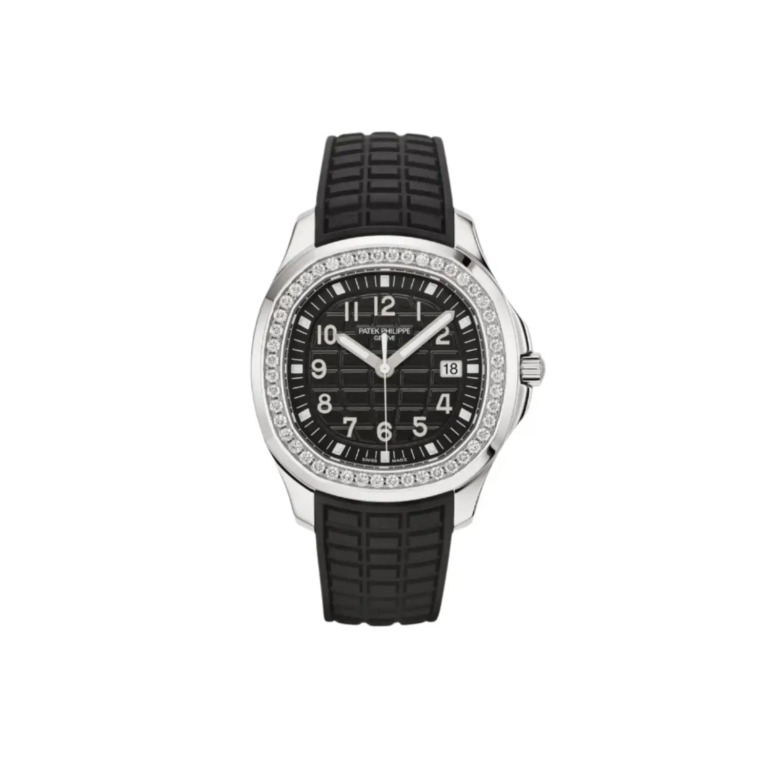 Watch with black strap and diamond-studded case on a white background