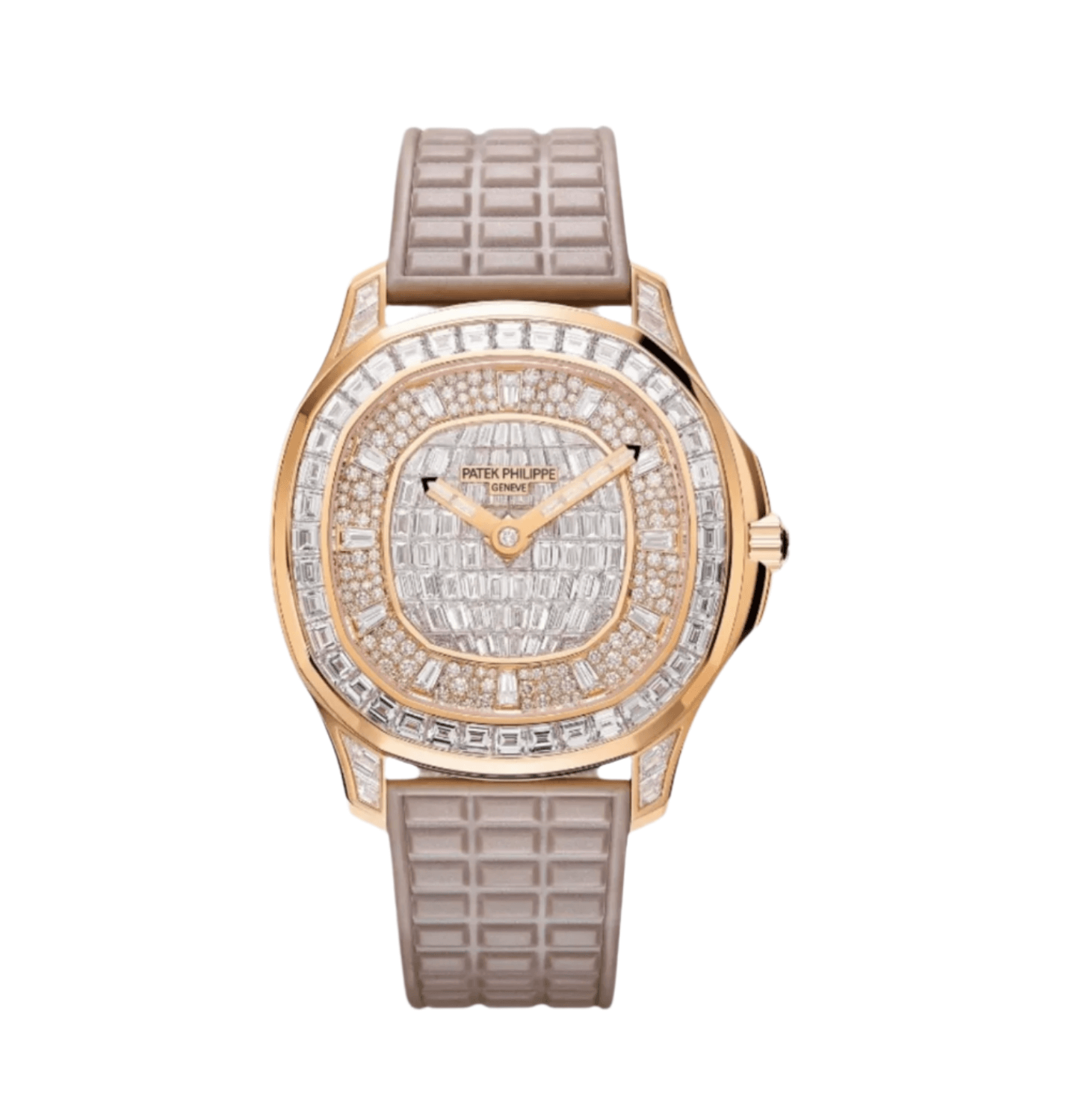 Patek Philippe Aquanaut Luce 5062/450R-001 in rose gold with full diamond setting and pearly beige strap
