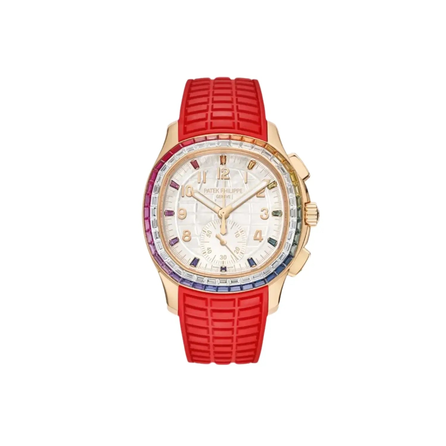 Front view of a Patek Philippe Aquanaut Luce Rainbow Chronograph 7968/300R-001 in rose gold with sapphire and diamond bezel
