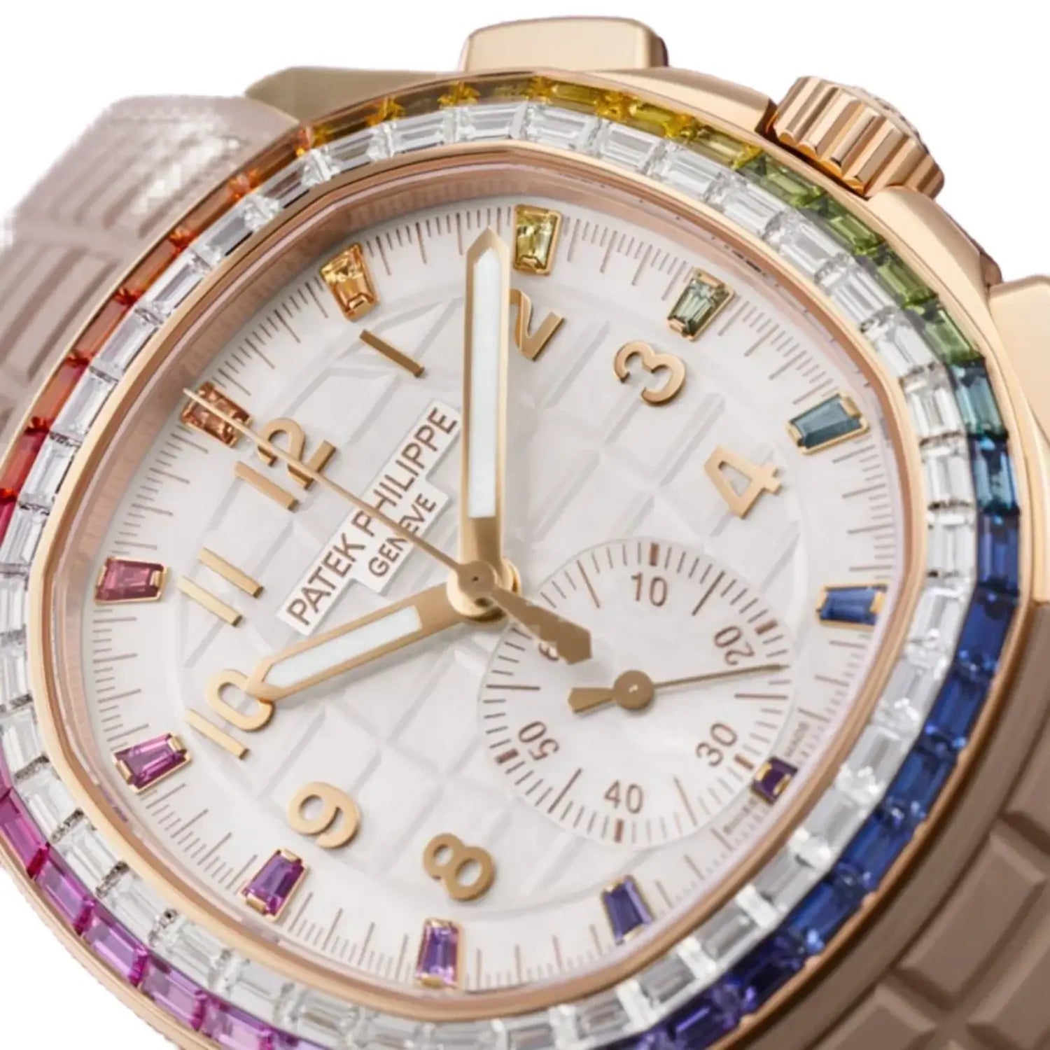 Close up view of a New Patek Philippe Aquanaut Luce Rainbow Chronograph 7968/300R-001 in rose gold with sapphire and diamond bezel
