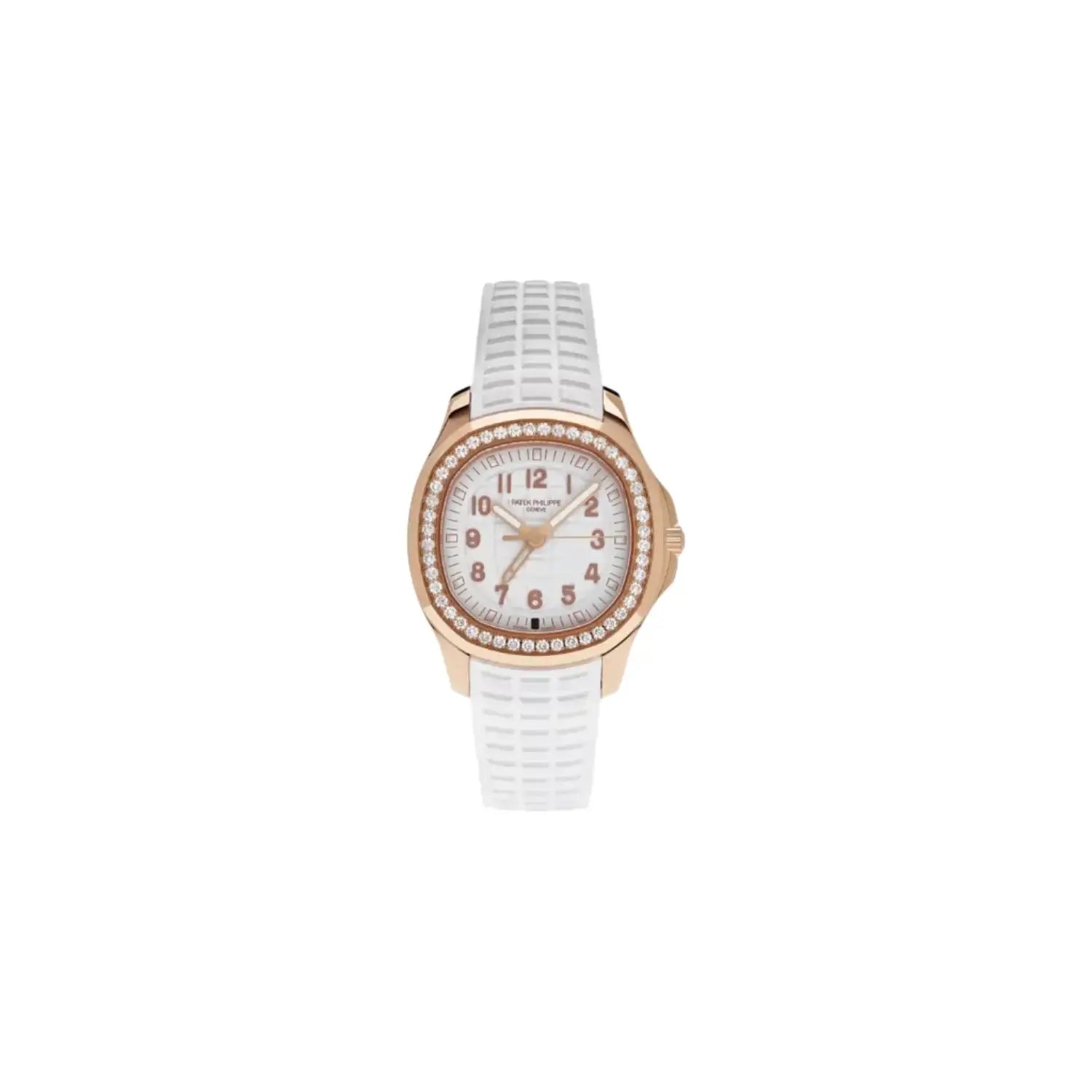 White watch with rose gold accents on a light gray background