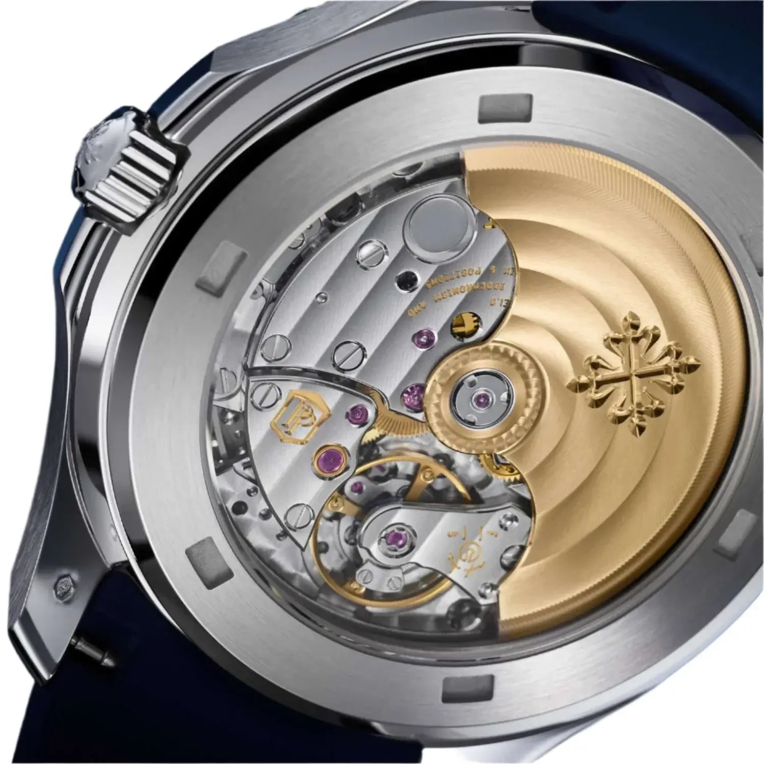 Rear view displaying the internal movements of Patek Philippe Aquanaut Luce 5268/461G-001 in white gold with sapphire and diamond-set bezel and checkerboard dial
