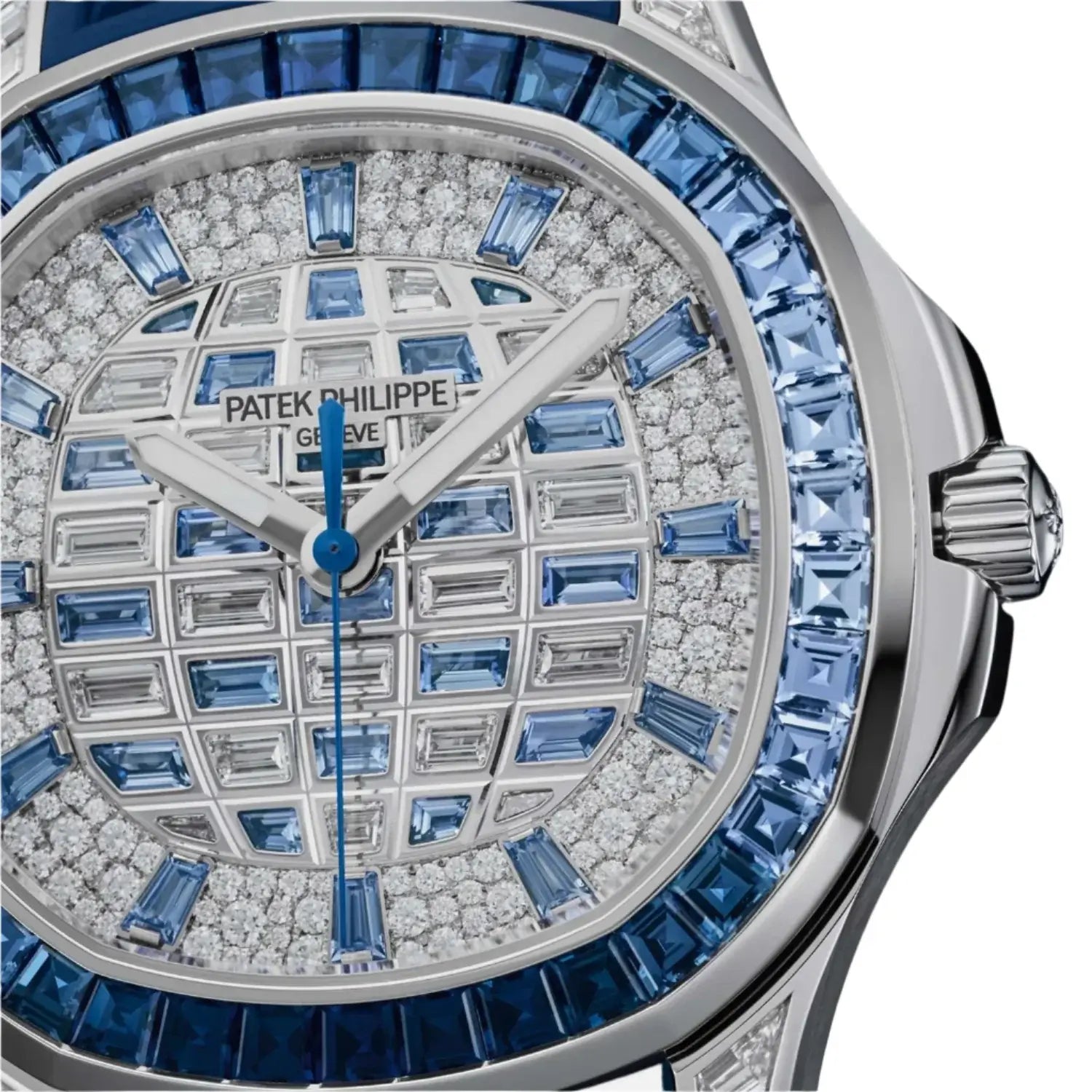 close up view Patek Philippe Aquanaut Luce 5268/461G-001 in white gold with sapphire and diamond-set bezel and checkerboard dial

