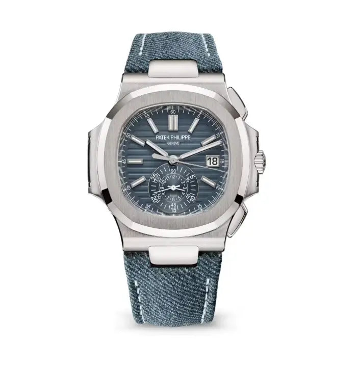 patek philippe watch in steel with a blue denim face colour and blue denim strap