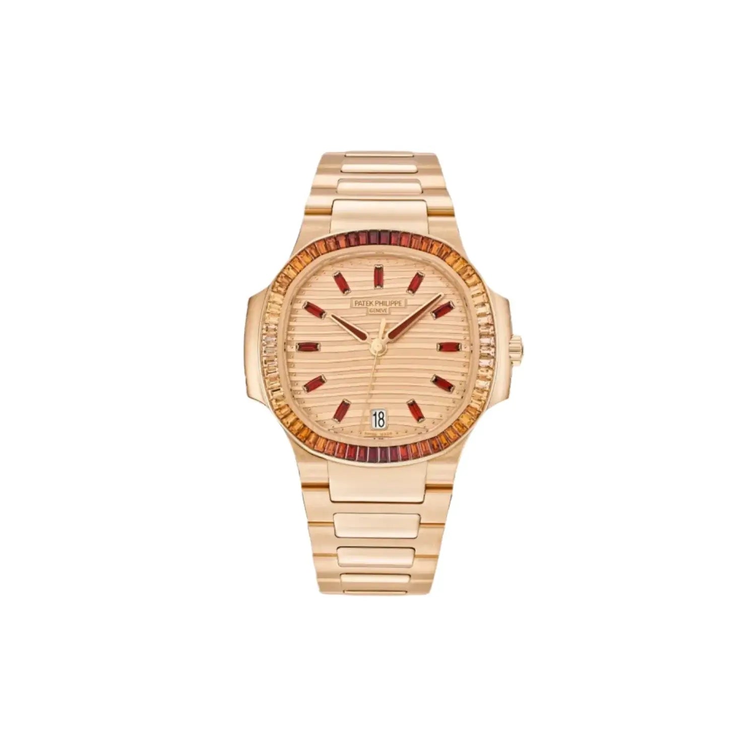 Rose gold watch with wooden accents on a light gray background