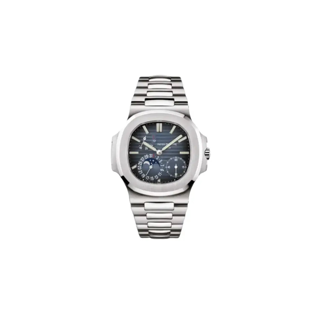 Silver watch with a dark face on a light gray background