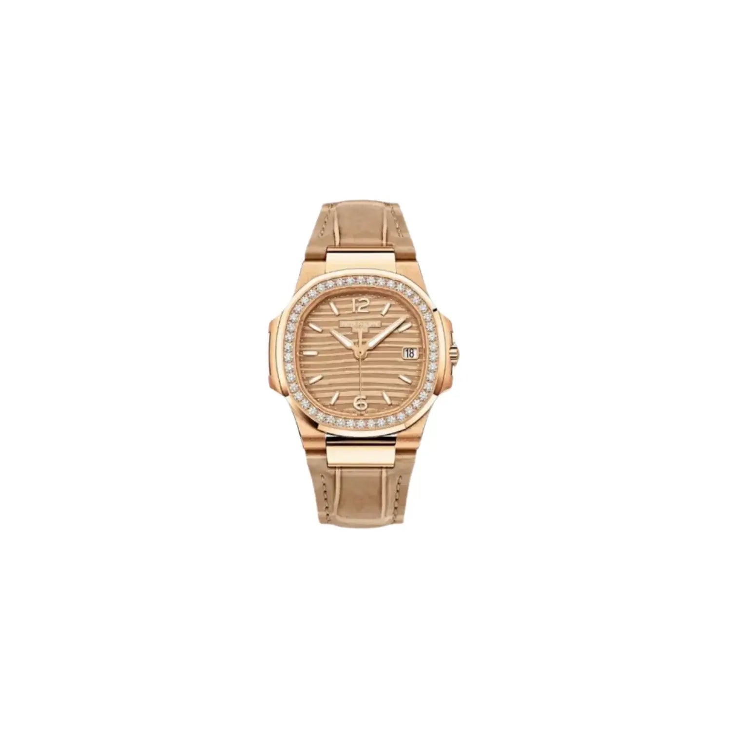 Rose gold watch with diamond accents on a light gray background