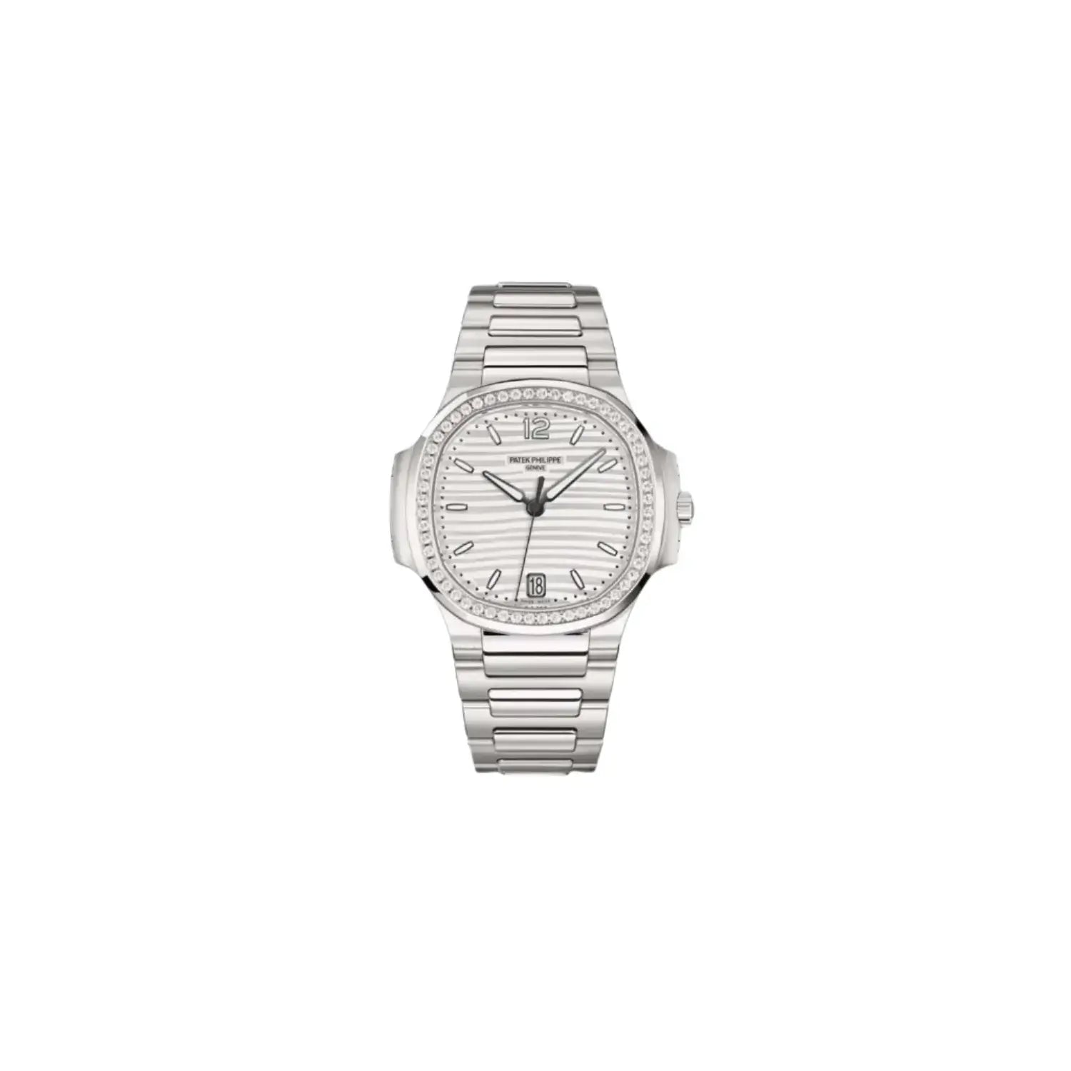 Silver watch with a white face on a light gray background