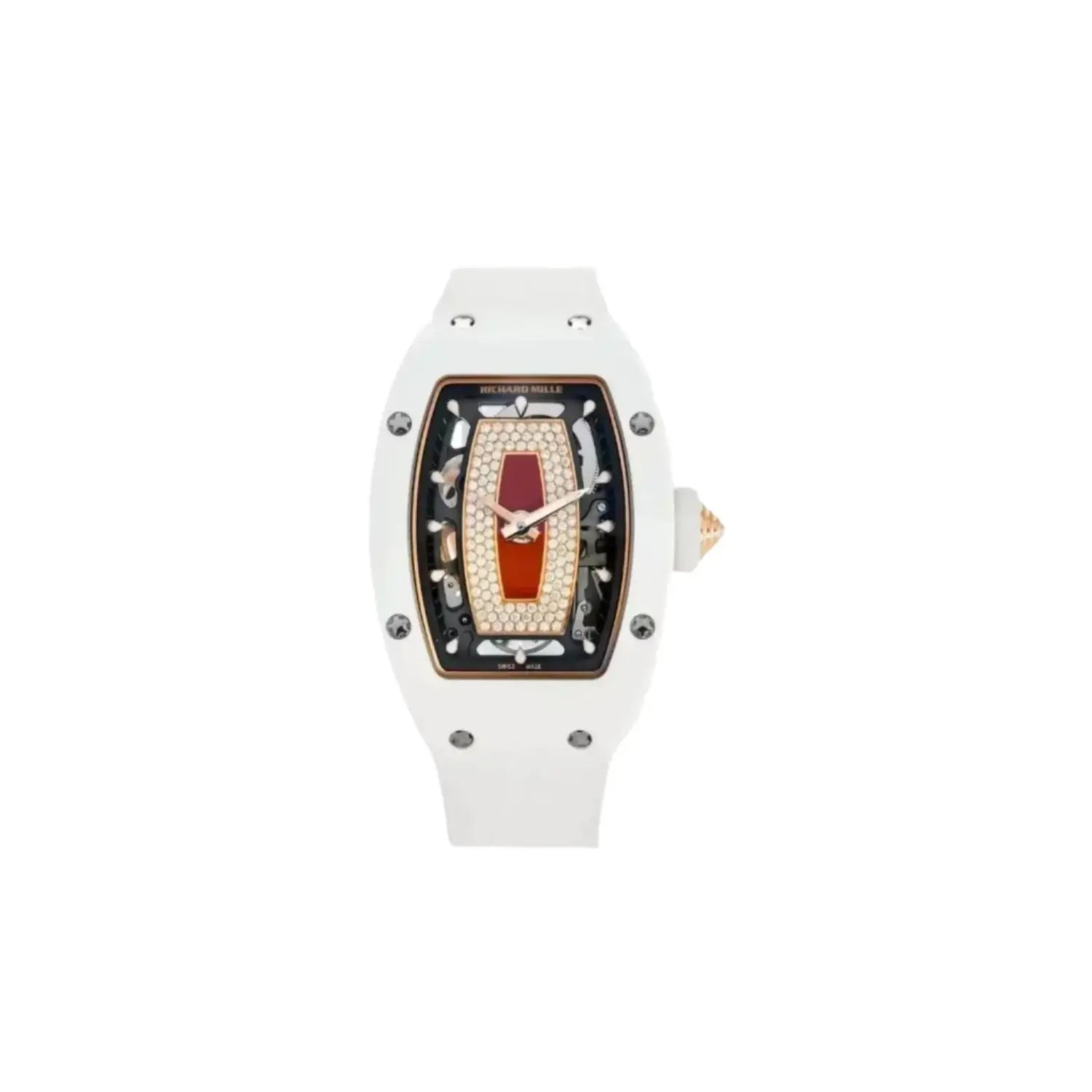 Luxury watch with a white strap and intricate face design on a white background