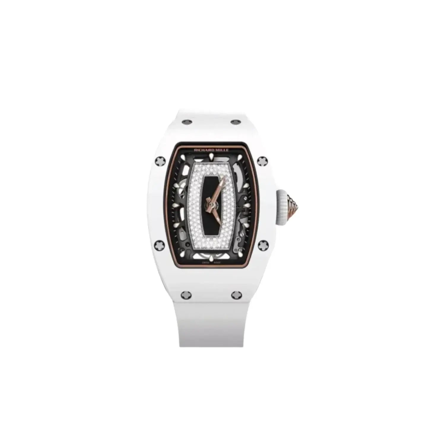White watch with black face and brand logo on a light gray background