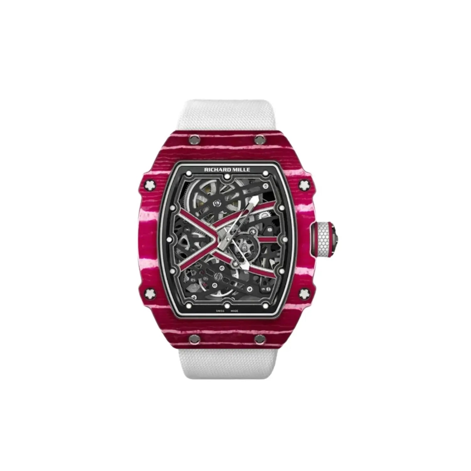 Luxury watch with red and white design on a light gray background